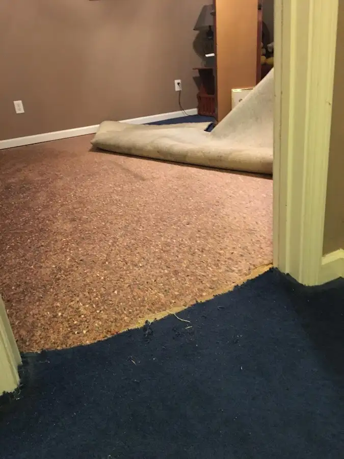 Carpet pad removal revealing water damage during Drying & Dehumidification in Clifton Park